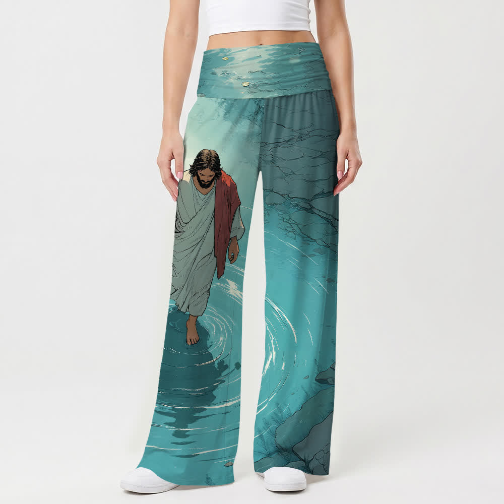 Christianartworkshop Jésus marchant sur l'eau, dessin animé Ripple Lake, pantalon large pour femme, style décontracté et religieux - image 1