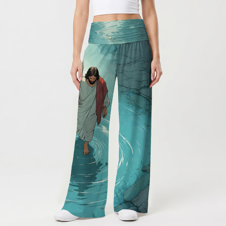 Christianartworkshop Jésus marchant sur l'eau, dessin animé Ripple Lake, pantalon large pour femme, style décontracté et religieux - image 1
