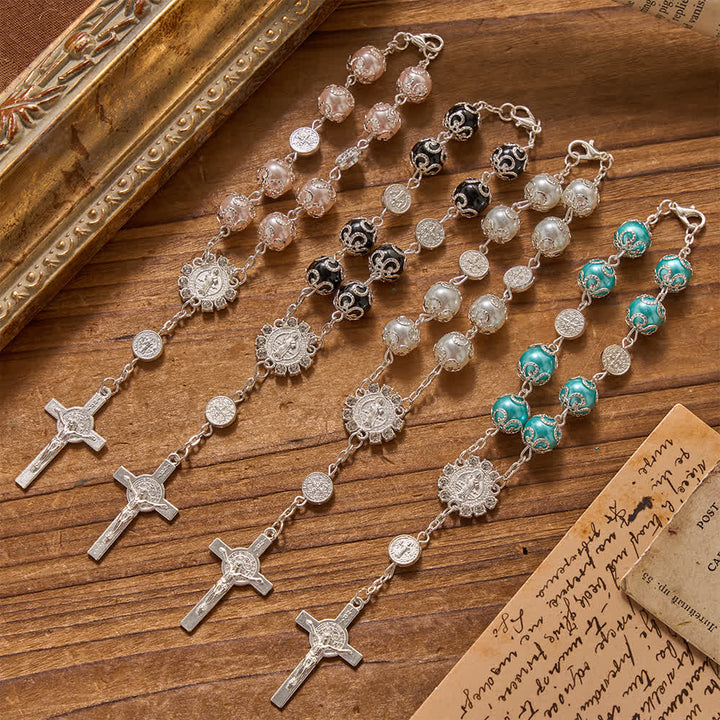 Christianartworkshop Chapelet de voyage en voiture et de poche, orné de perles brillantes et ajourées, avec fermoir Saint-Benoît. Idéal pour les voyages en voiture et en poche. - image 0