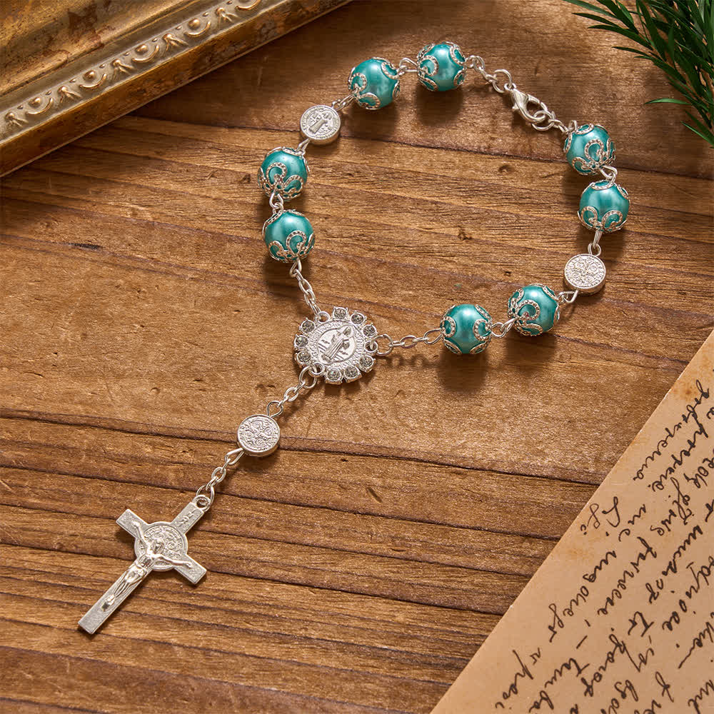 Christianartworkshop Chapelet de voyage en voiture et de poche, orné de perles brillantes et ajourées, avec fermoir Saint-Benoît. Idéal pour les voyages en voiture et en poche. - Bleu - image 3
