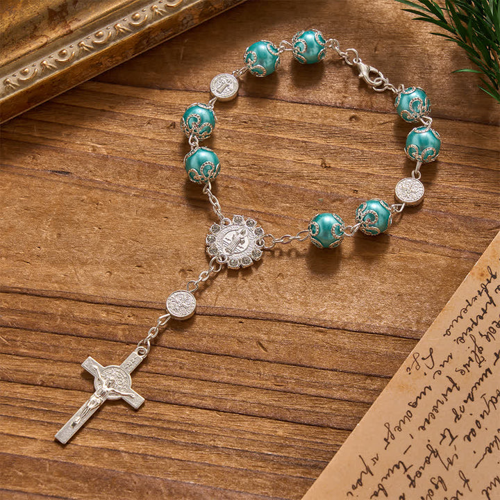 Christianartworkshop Chapelet de voyage en voiture et de poche, orné de perles brillantes et ajourées, avec fermoir Saint-Benoît. Idéal pour les voyages en voiture et en poche. - Bleu - image 3