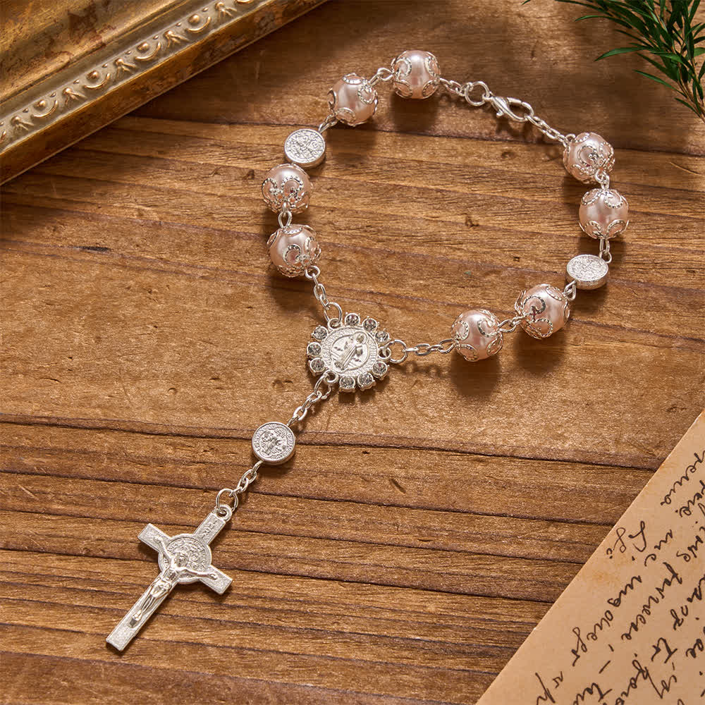 Christianartworkshop Chapelet de voyage en voiture et de poche, orné de perles brillantes et ajourées, avec fermoir Saint-Benoît. Idéal pour les voyages en voiture et en poche. - Rose - image 2