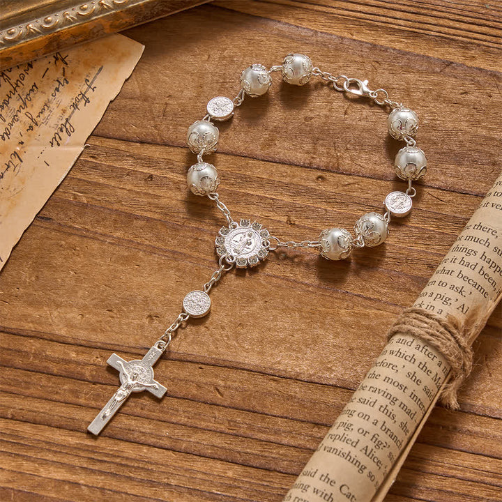 Christianartworkshop Chapelet de voyage en voiture et de poche, orné de perles brillantes et ajourées, avec fermoir Saint-Benoît. Idéal pour les voyages en voiture et en poche. - Blanc - image 1