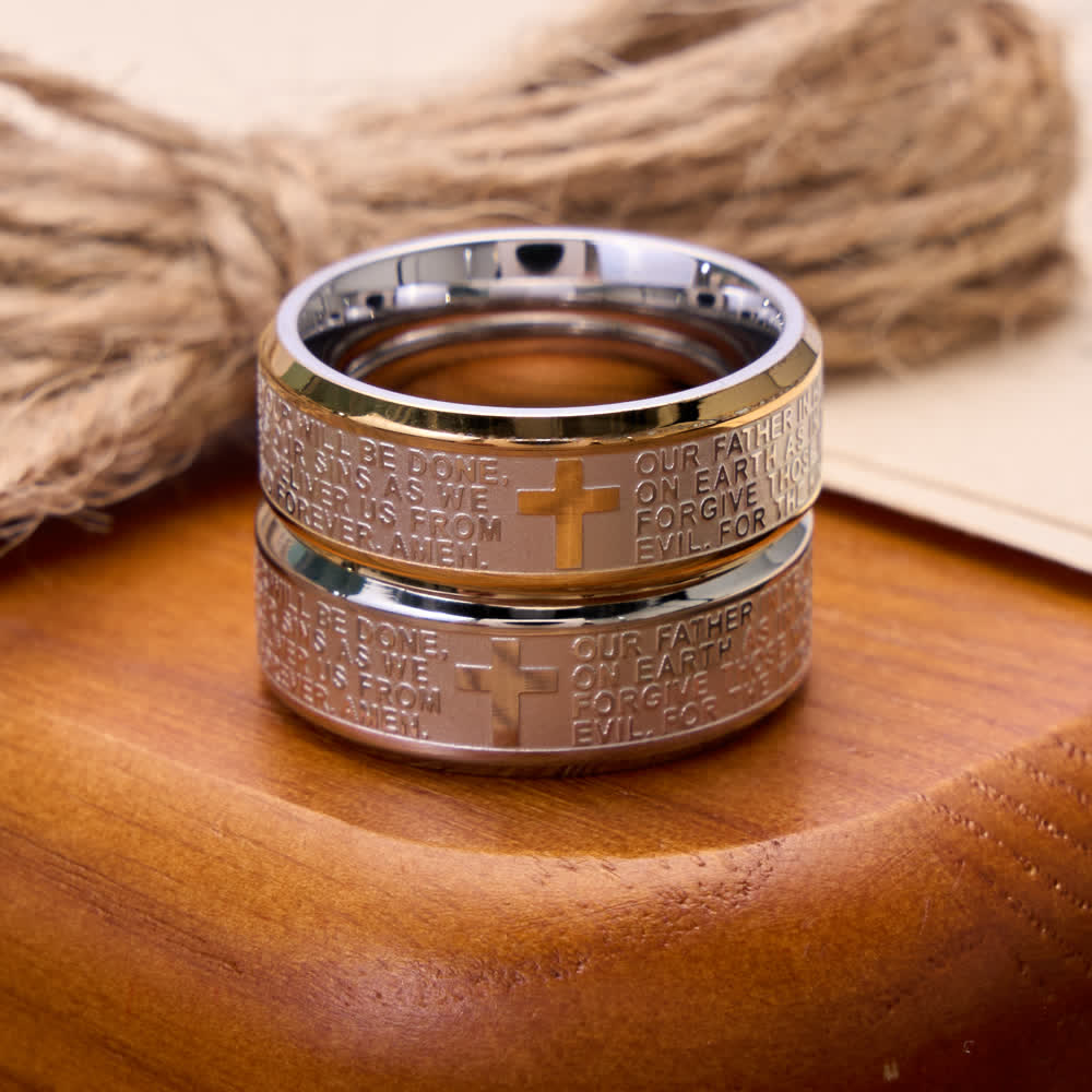 Christianartworkshop Bague large en acier inoxydable avec croix gravée en profondeur et prière du Seigneur : emblème d’une foi céleste inébranlable - image 1