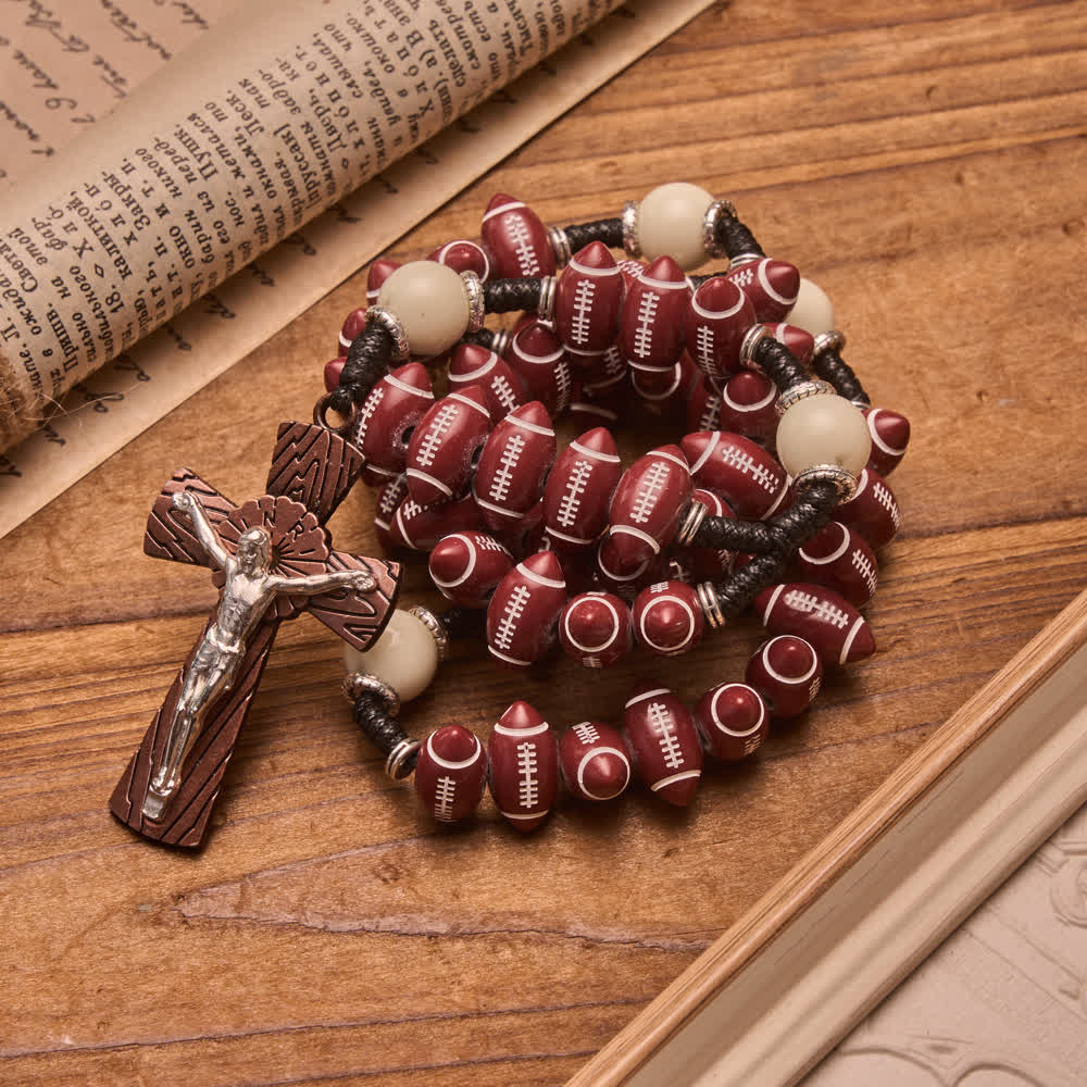Christianartworkshop Chapelet de rugby en cordon noué et perles moulées, avec crucifix imitation bois : emblème de la persévérance céleste et courageuse - image 1
