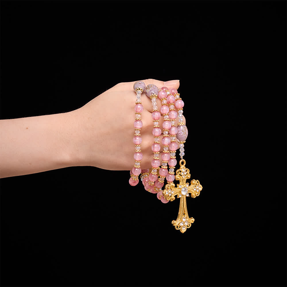 Christianartworkshop Chapelet de perles de verre à motif floral rose pailleté de luxe avec médaillon en forme de cœur de Notre-Dame et croix dorée : emblème de douce pureté céleste - image 1