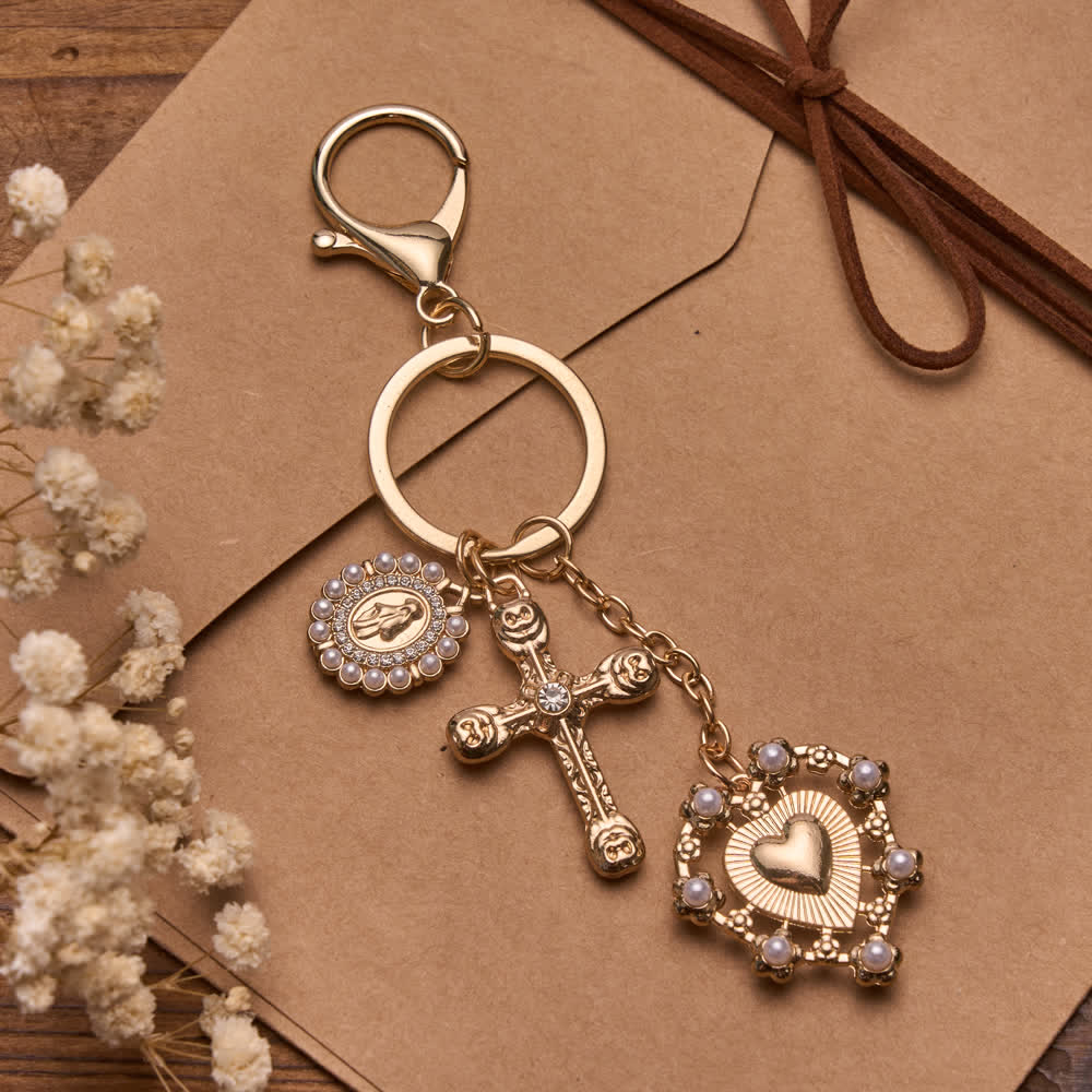Christianartworkshop Porte-clés vintage avec croix ornée de pierres précieuses et bordure de perles, médaille de Notre-Dame et breloque Sacré-Cœur en filigrane - Notre-Dame et la Croix - image 0