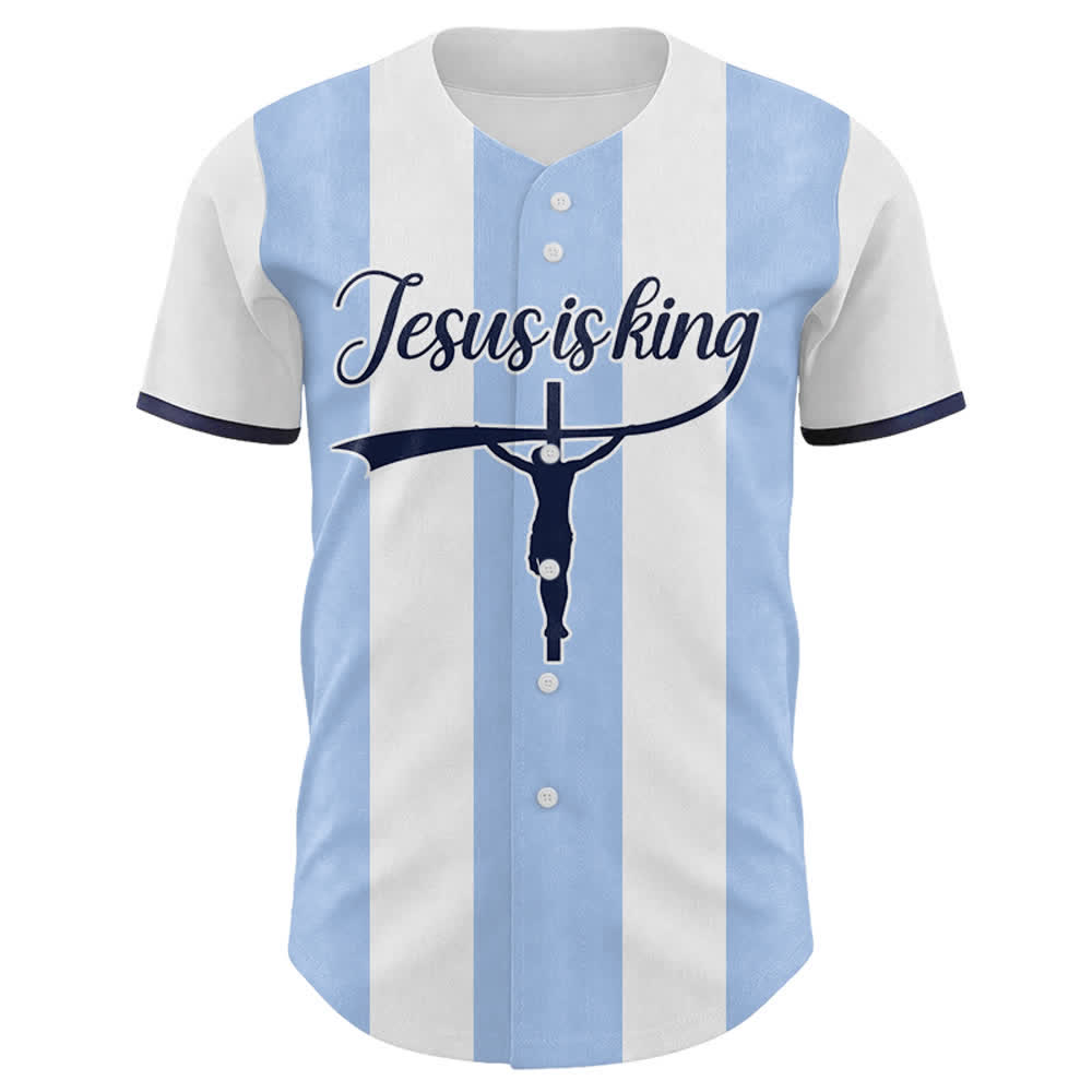 Maillot de baseball rayé avec nom et numéro personnalisés « Jésus est roi » imprimé croix, Christianartworkshop - image 1