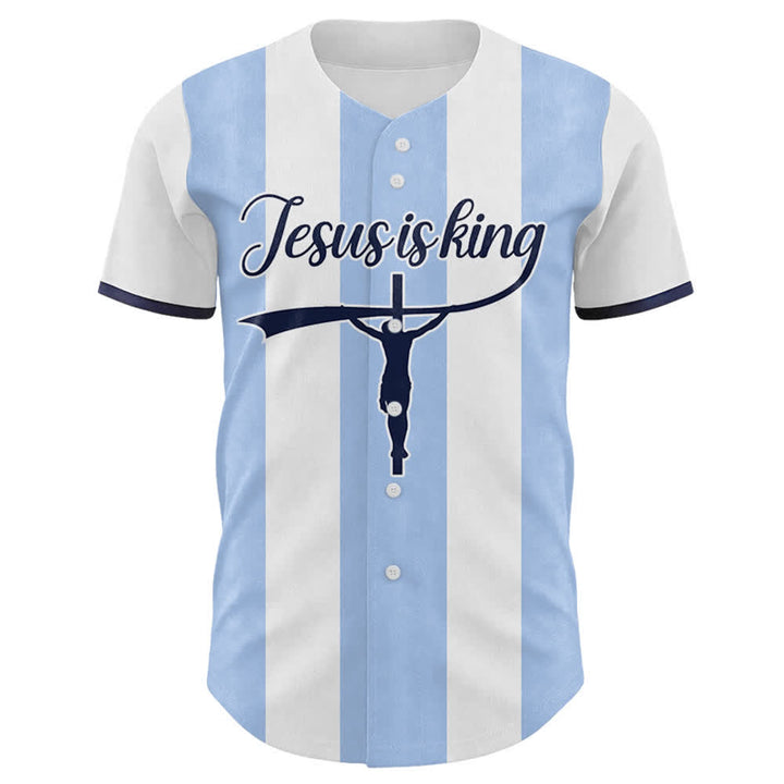 Maillot de baseball rayé avec nom et numéro personnalisés « Jésus est roi » imprimé croix, Christianartworkshop - image 1