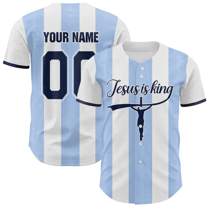 Maillot de baseball rayé avec nom et numéro personnalisés « Jésus est roi » imprimé croix, Christianartworkshop - 5XL - Nom & Numéro personnalisé - image 0