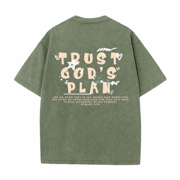 Christianartworkshop T-shirt délavé double face avec inscription « Faites confiance au plan de Dieu » en police graffiti, mini-impression recto, grand texte verso, Romains 8:28 - image 16