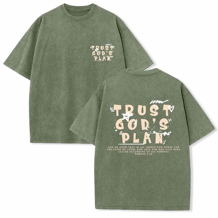 Christianartworkshop T-shirt délavé double face avec inscription « Faites confiance au plan de Dieu » en police graffiti, mini-impression recto, grand texte verso, Romains 8:28 - Vert armée - 5XL - image 15