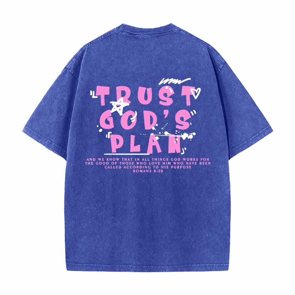 Christianartworkshop T-shirt délavé double face avec inscription « Faites confiance au plan de Dieu » en police graffiti, mini-impression recto, grand texte verso, Romains 8:28 - image 19