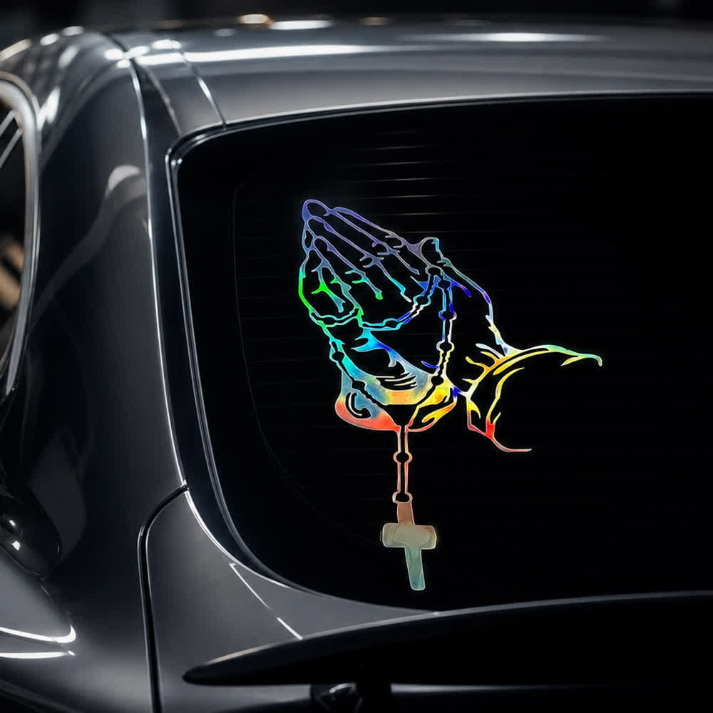 Christianartworkshop Autocollant de voiture « Mains en prière, chapelet et croix, dégradé arc-en-ciel » - Multicolore - 26*16cm - Lot de 10 - image 0