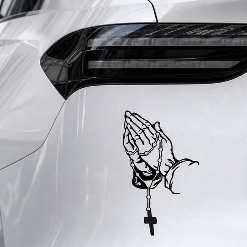 Christianartworkshop Autocollant de voiture « Mains en prière, chapelet et croix, dégradé arc-en-ciel » - image 6
