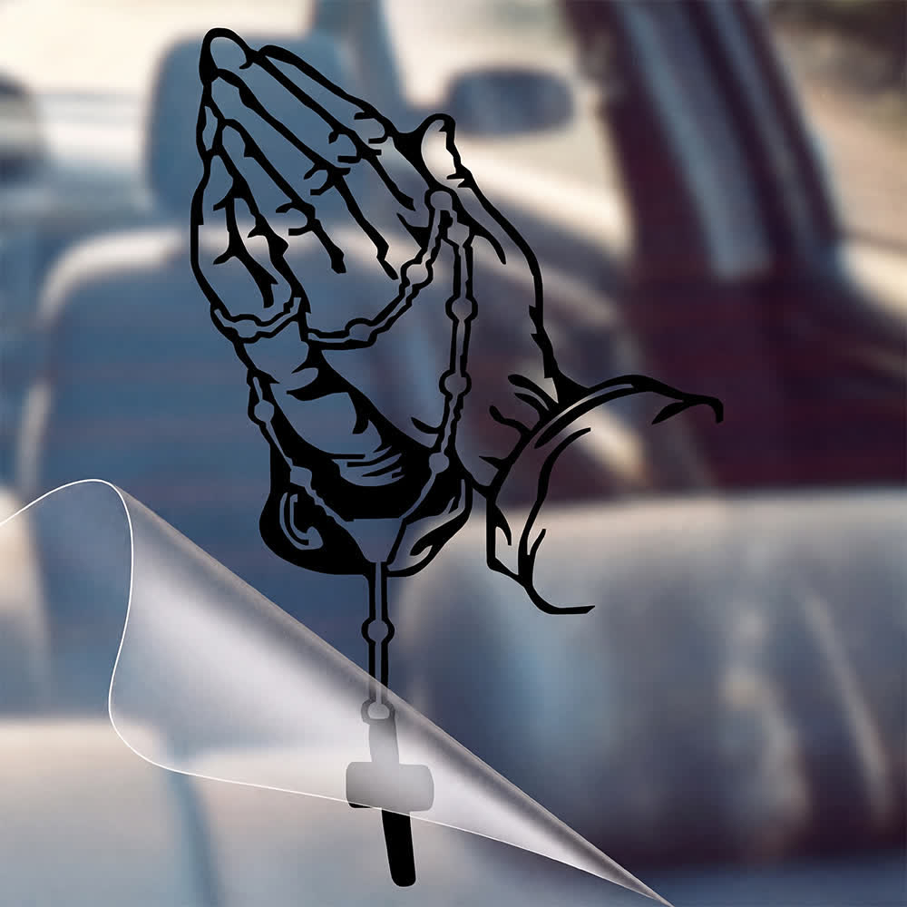 Christianartworkshop Autocollant de voiture « Mains en prière, chapelet et croix, dégradé arc-en-ciel » - Noir - 26*16cm - Lot de 10 - image 3