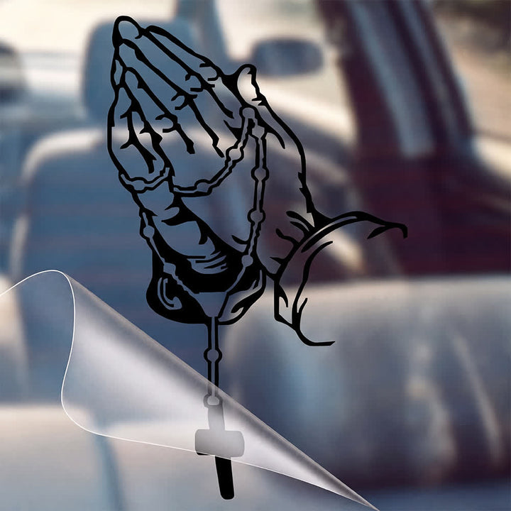 Christianartworkshop Autocollant de voiture « Mains en prière, chapelet et croix, dégradé arc-en-ciel » - Noir - 26*16cm - Lot de 10 - image 3