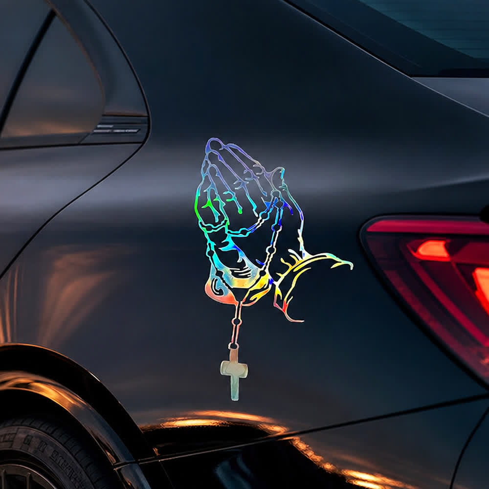 Christianartworkshop Autocollant de voiture « Mains en prière, chapelet et croix, dégradé arc-en-ciel » - image 2