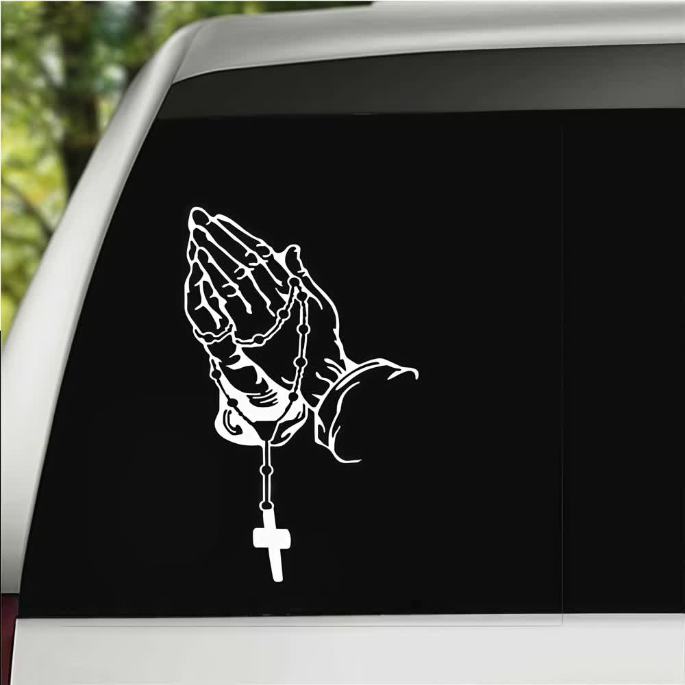 Christianartworkshop Autocollant de voiture « Mains en prière, chapelet et croix, dégradé arc-en-ciel » - image 8