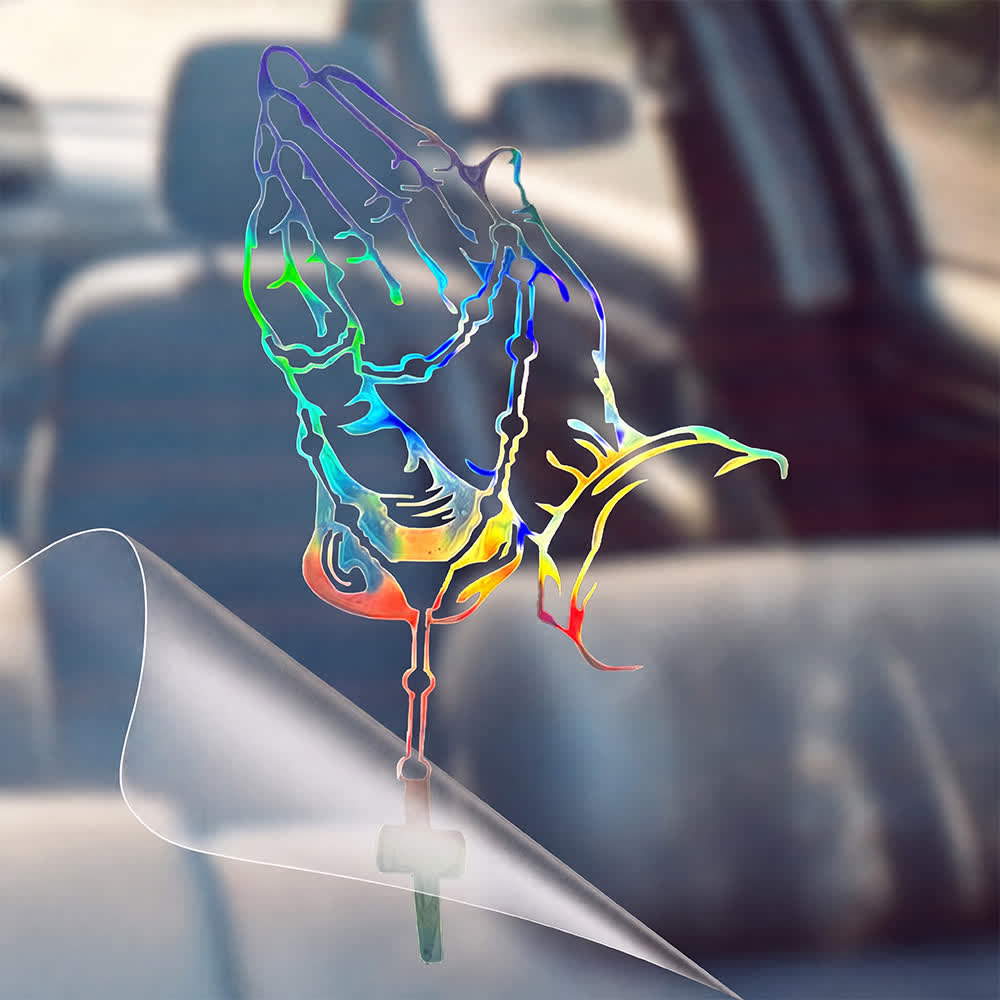 Christianartworkshop Autocollant de voiture « Mains en prière, chapelet et croix, dégradé arc-en-ciel » - image 1
