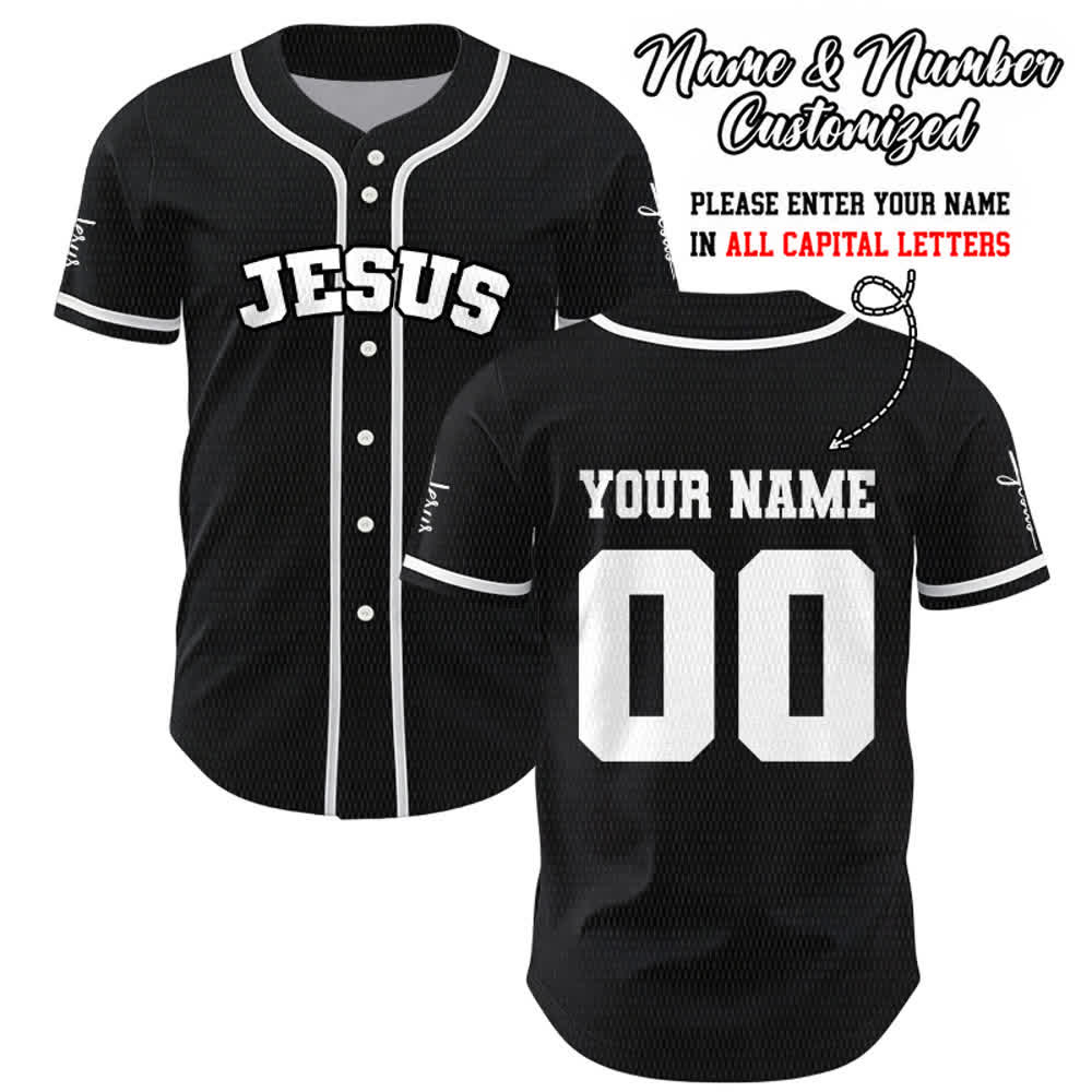 Christianartworkshop Maillot de baseball unisexe personnalisé classique Jésus - Noir - 5XL - Nom & Numéro personnalisé - image 0
