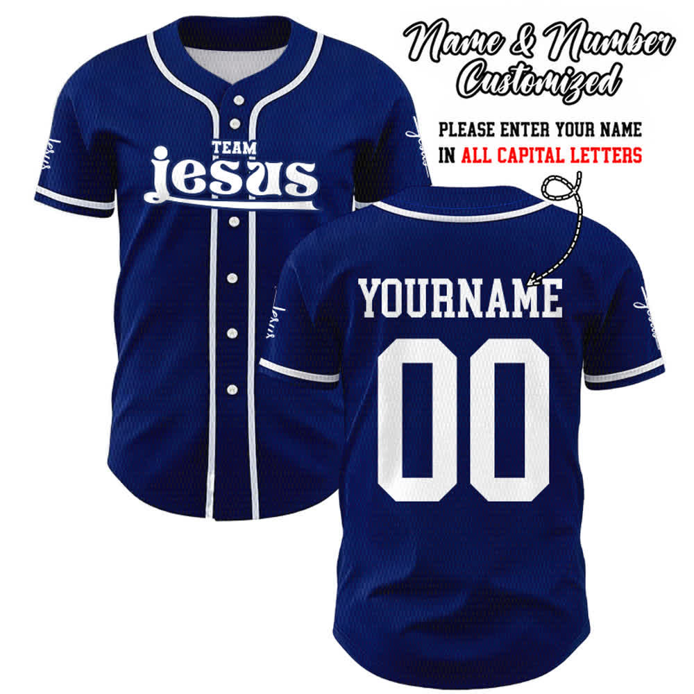 Maillot de baseball unisexe personnalisé avec nom et numéro, style audacieux, de l'équipe Jésus, créé par Christianartworkshop - Bleu marine - 5XL - Nom & Numéro personnalisé - image 0