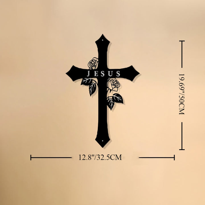 Christianartworkshop Croix sacrée en métal avec inscription JESUS ​​et motif de vigne de roses : symbole de l’amour divin éternel - 12,79 po × 19,68 po × 0,06 po / 32,5 × 50 × 0,15 cm - image 8
