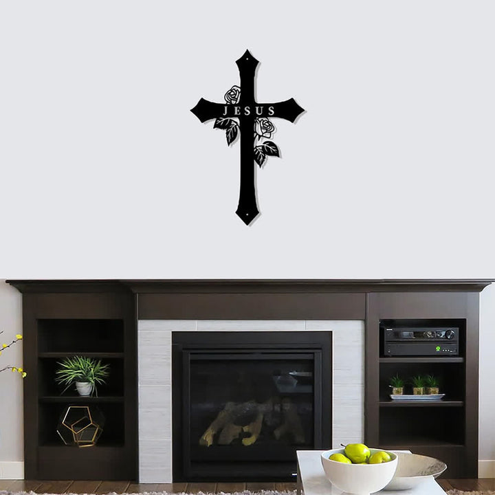 Christianartworkshop Croix sacrée en métal avec inscription JESUS ​​et motif de vigne de roses : symbole de l’amour divin éternel - image 1