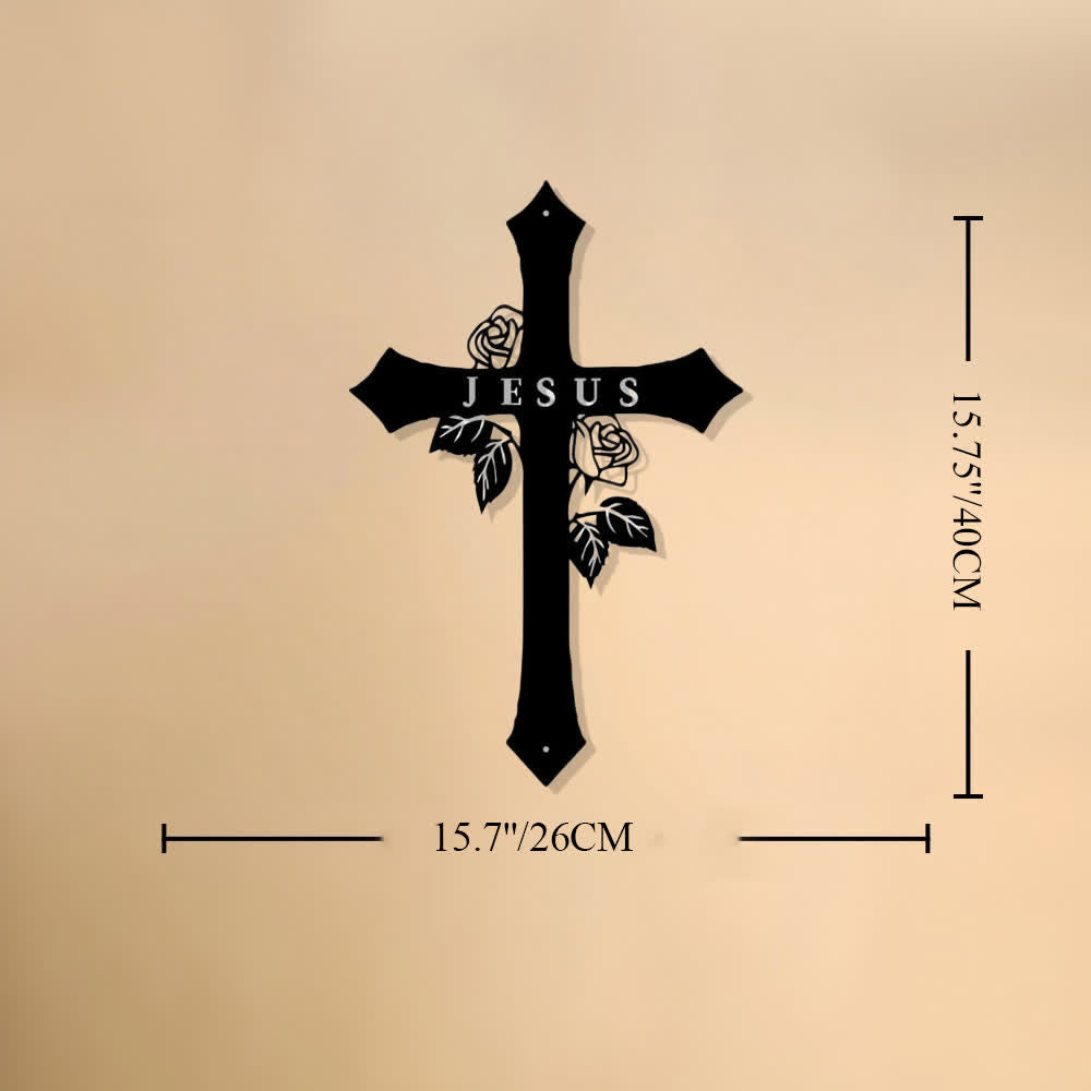 Christianartworkshop Croix sacrée en métal avec inscription JESUS ​​et motif de vigne de roses : symbole de l’amour divin éternel - 15,7''*10,23''*0,04''/40*26*0,1cm - image 7