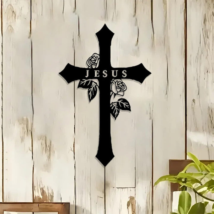 Christianartworkshop Croix sacrée en métal avec inscription JESUS ​​et motif de vigne de roses : symbole de l’amour divin éternel - image 0