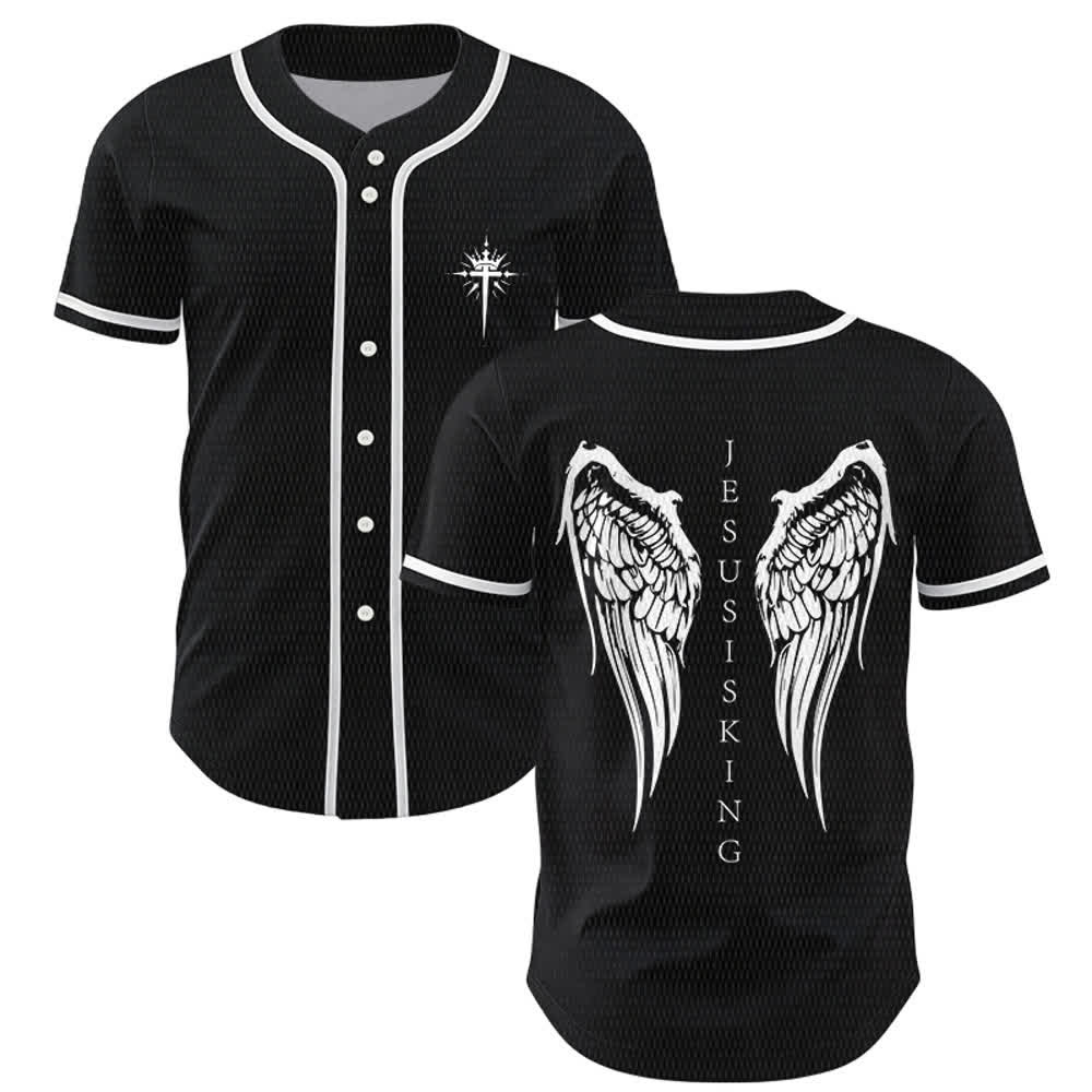 Christianartworkshop - Jésus est roi - Ailes d'ange - Croix - Déclaration de foi - Maillot de baseball personnalisé - Noir - 5XL - image 0