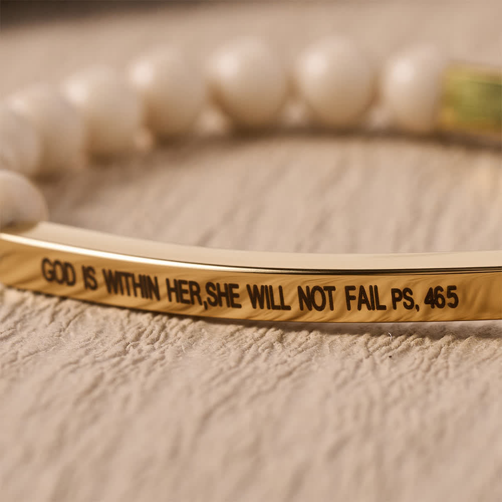 Christianartworkshop Bracelet extensible à barre incurvée et perles gravées d'un verset de psaume : « Dieu est en elle, elle ne faillira pas » - image 1