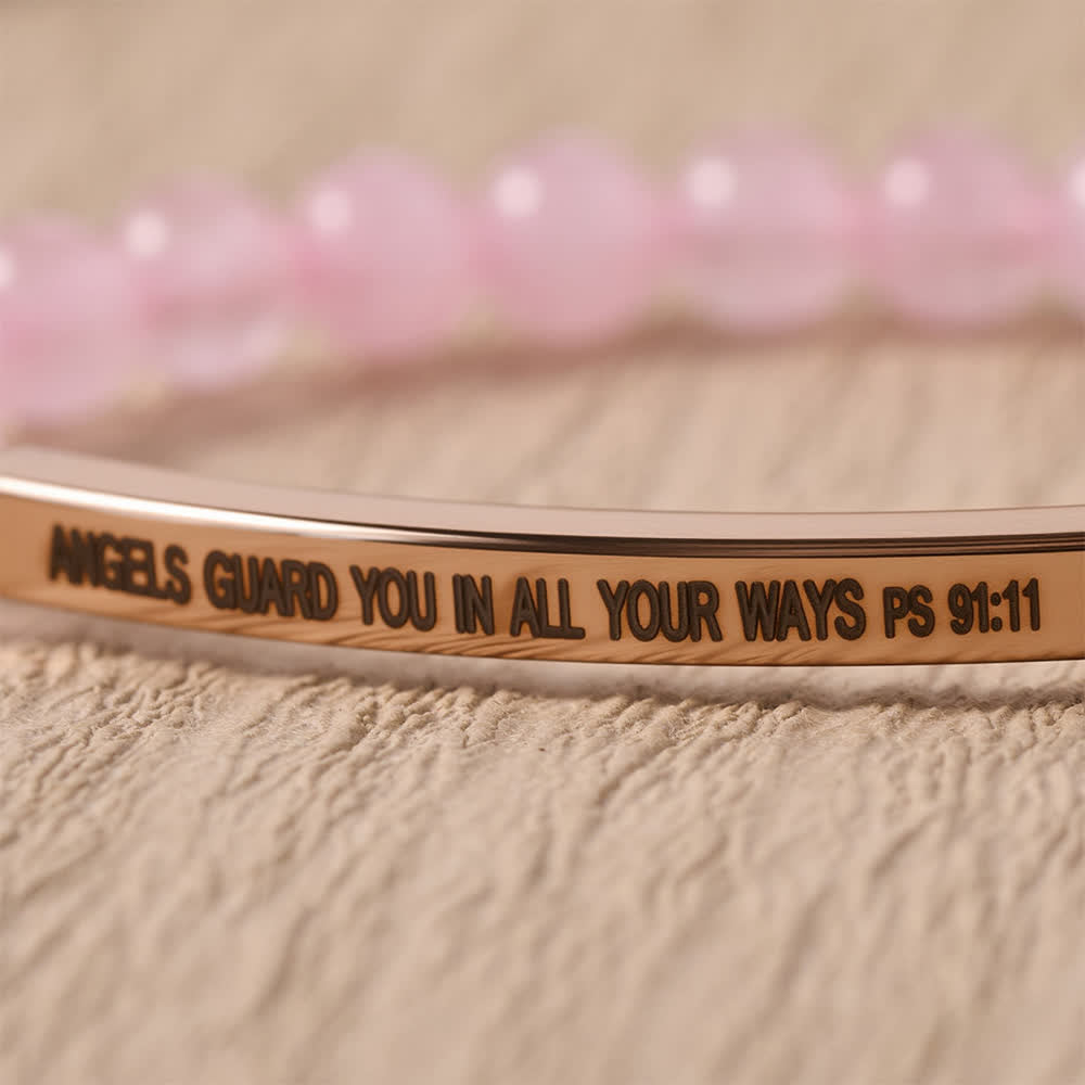 Christianartworkshop Bracelet extensible à perles et barre incurvée gravée du verset 11 du Psaume 91 : « Les anges te gardent dans toutes tes voies » - image 1