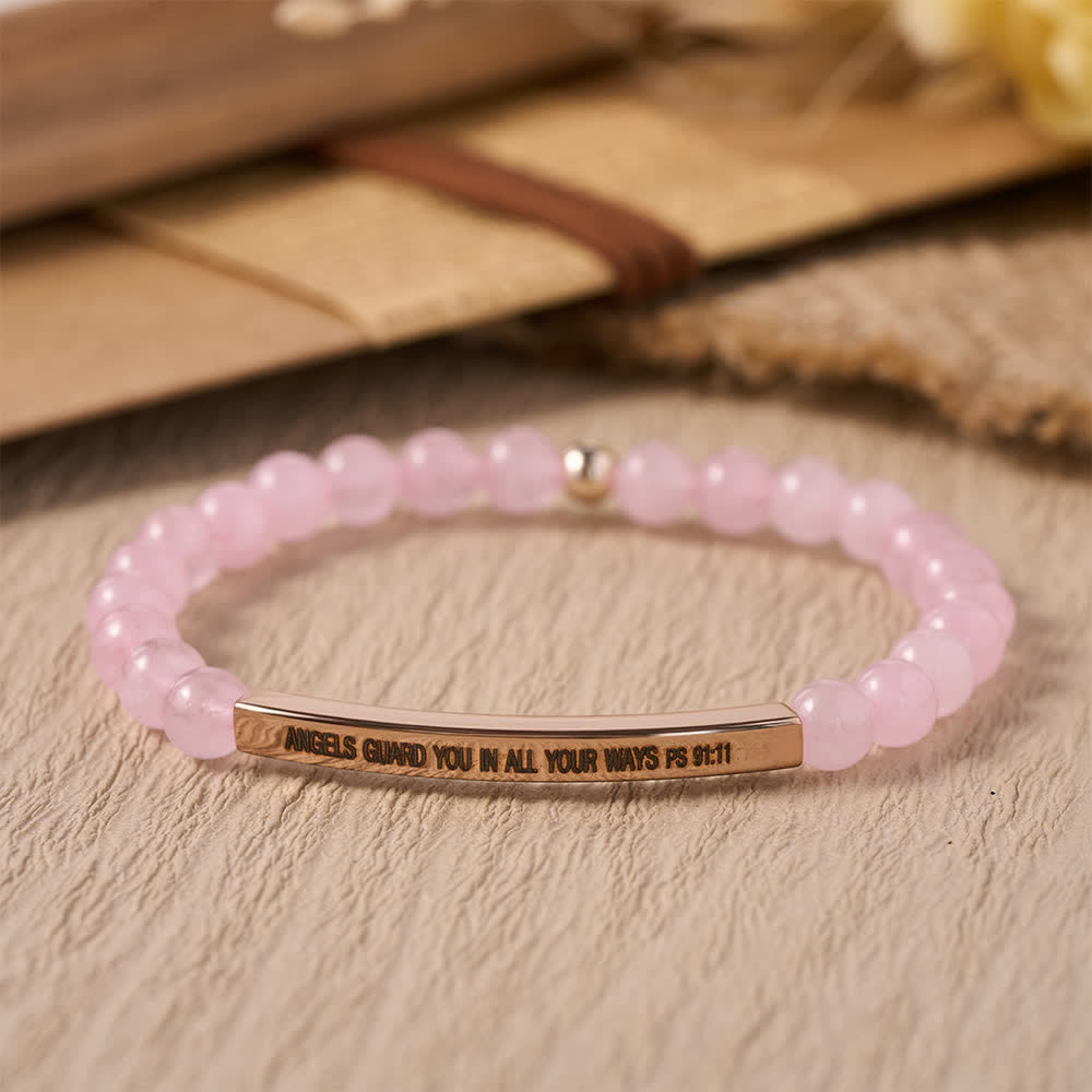 Christianartworkshop Bracelet extensible à perles et barre incurvée gravée du verset 11 du Psaume 91 : « Les anges te gardent dans toutes tes voies » - Les anges te gardent dans toutes tes voies - image 0