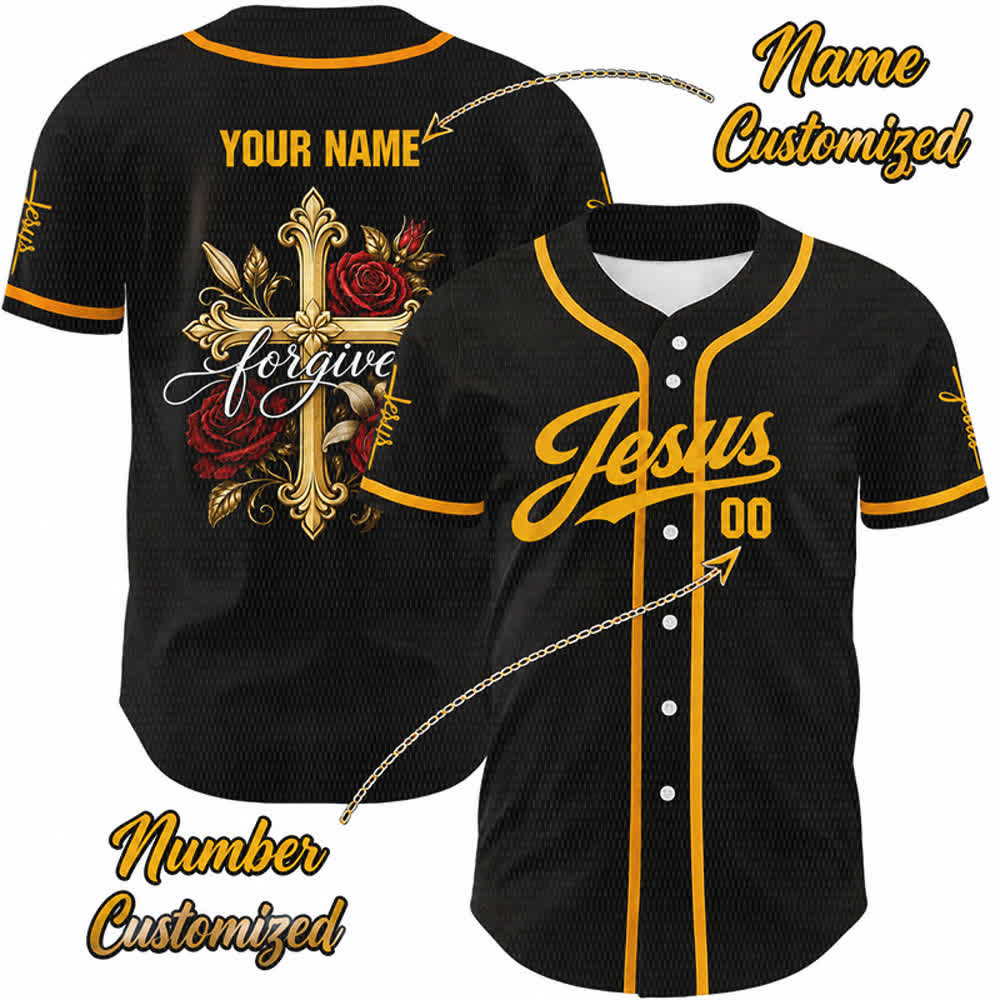 Christianartworkshop Jésus pardonne Croix dorée Rose rouge Maillot de baseball unisexe personnalisé - 5XL - Nom & Numéro personnalisé - image 0