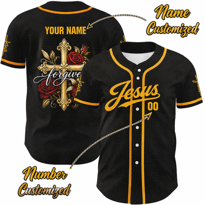 Christianartworkshop Jésus pardonne Croix dorée Rose rouge Maillot de baseball unisexe personnalisé - 5XL - Nom & Numéro personnalisé - image 0