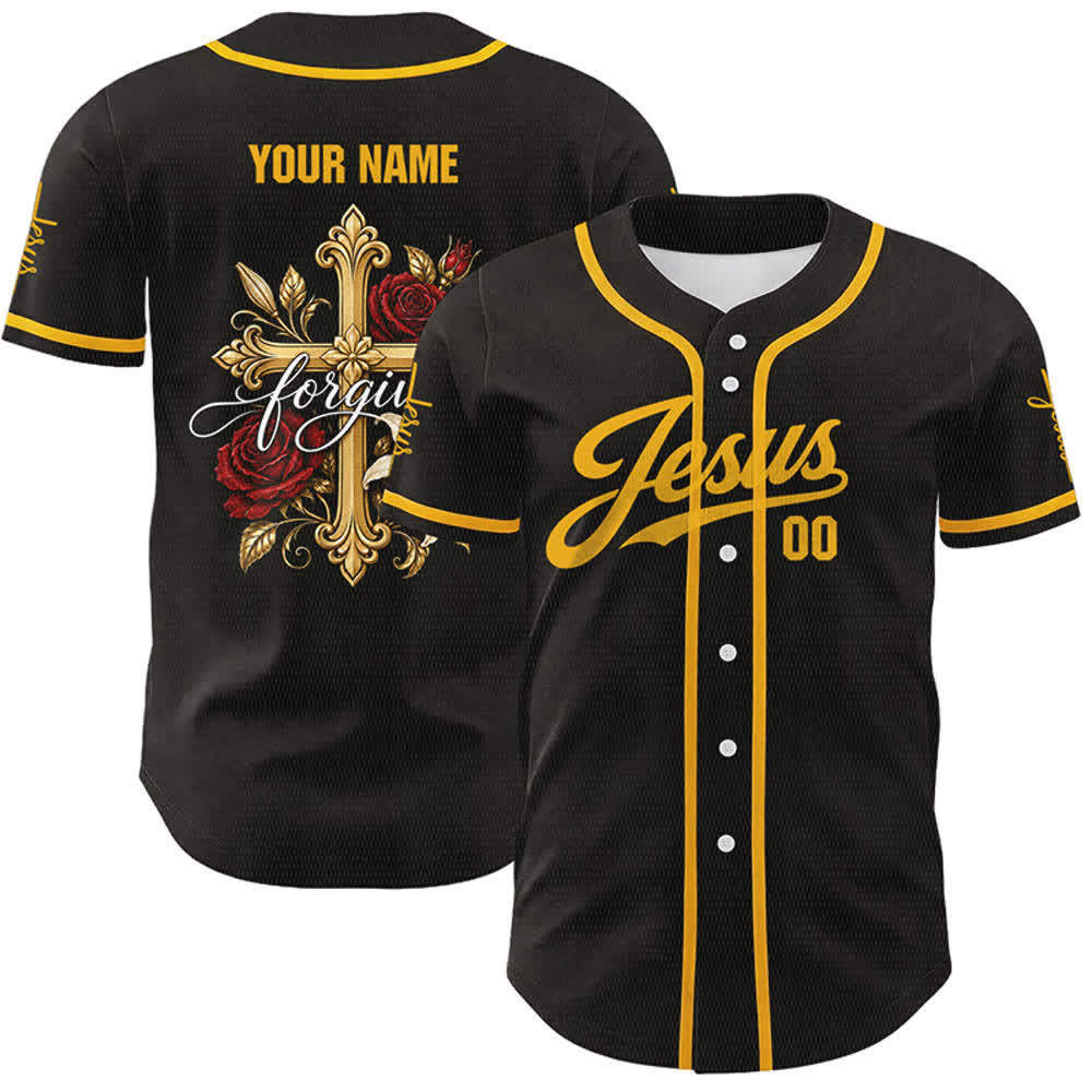 Christianartworkshop Jésus pardonne Croix dorée Rose rouge Maillot de baseball unisexe personnalisé - image 1