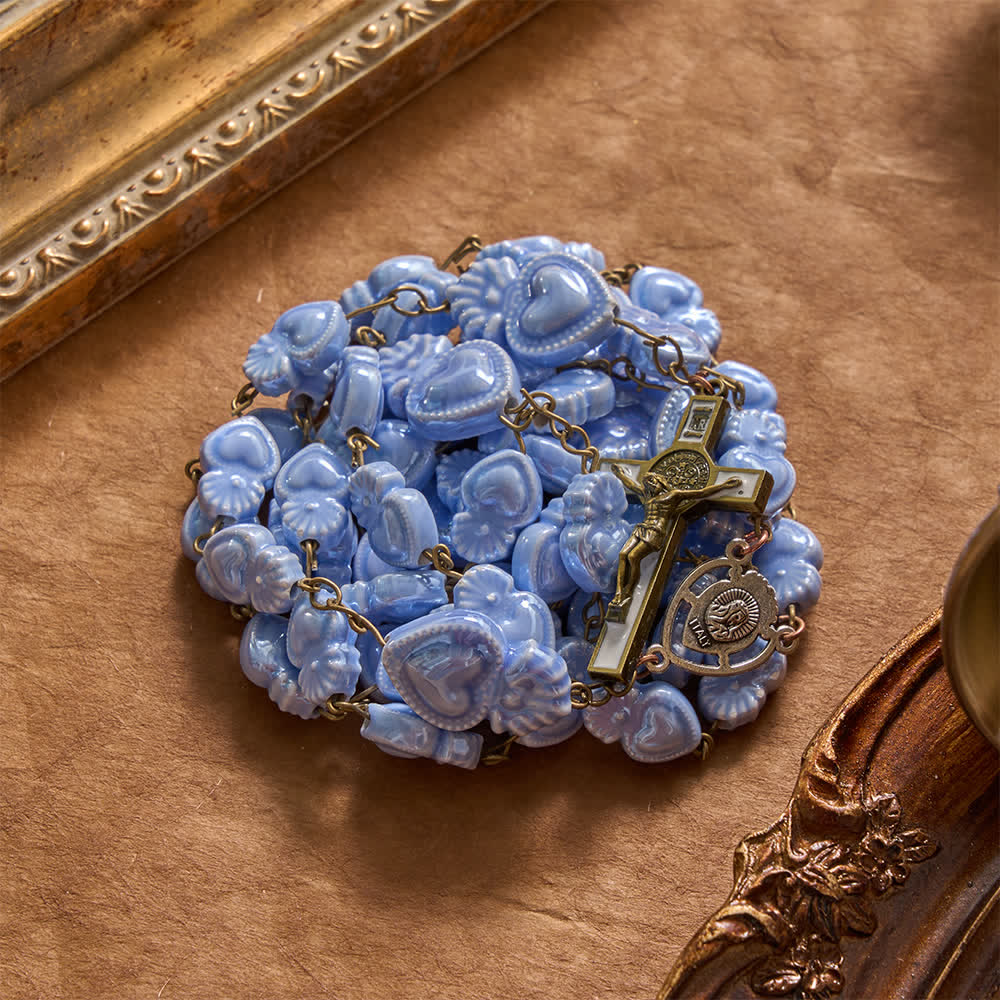 Chapelet en porcelaine à motif floral du Sacré-Cœur avec crucifix orné d'émail, Christianartworkshop - image 10
