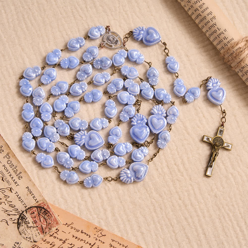 Chapelet en porcelaine à motif floral du Sacré-Cœur avec crucifix orné d'émail, Christianartworkshop - image 12