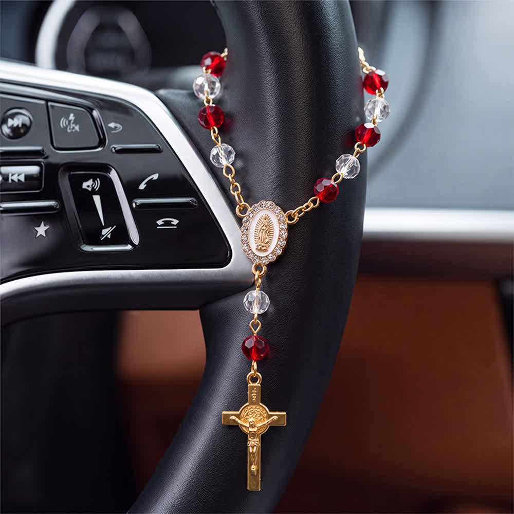 Christianartworkshop crucifix ovale à perles multicolores représentant la Vierge Marie, à suspendre en voiture : un rappel de la protection divine miséricordieuse lors de chaque voyage. - Rouge - image 1