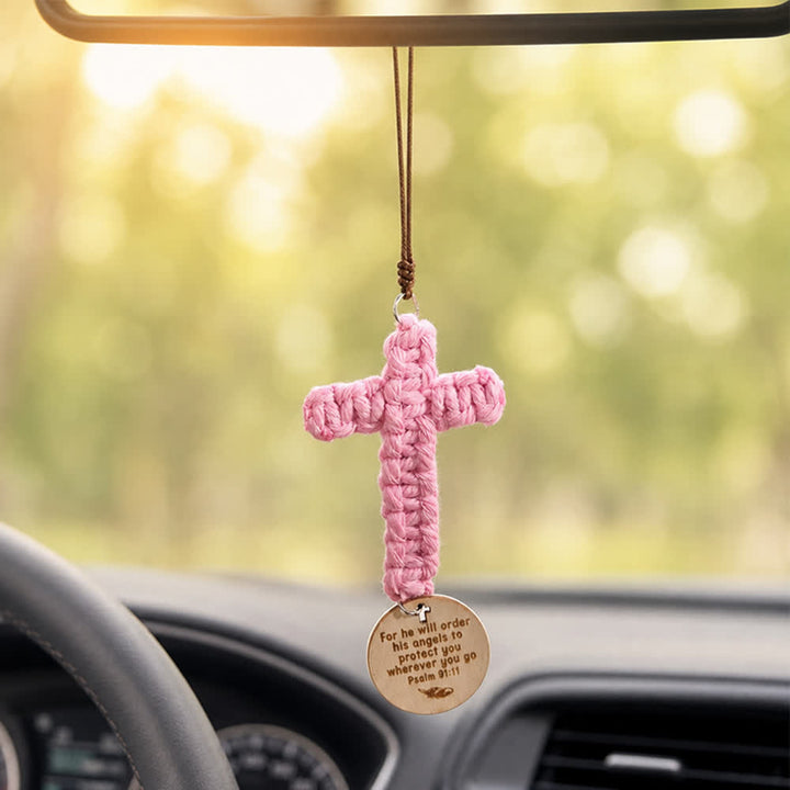 Christianartworkshop Disque en bois gravé Matthieu 28:20, croix en pierre, porte-bonheur pour voiture : un rappel de la protection divine miséricordieuse lors de chaque voyage - Croix en macramé et Psaume 91:11 - image 8