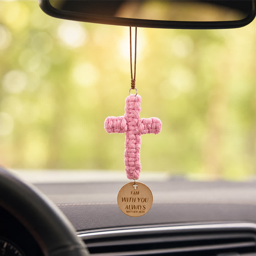 Christianartworkshop Disque en bois gravé Matthieu 28:20, croix en pierre, porte-bonheur pour voiture : un rappel de la protection divine miséricordieuse lors de chaque voyage - Croix en macramé et Matthieu 28:20 - image 14