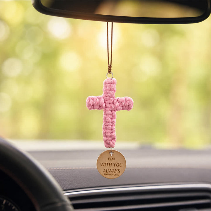 Christianartworkshop Disque en bois gravé Matthieu 28:20, croix en pierre, porte-bonheur pour voiture : un rappel de la protection divine miséricordieuse lors de chaque voyage - Croix en macramé et Matthieu 28:20 - image 14
