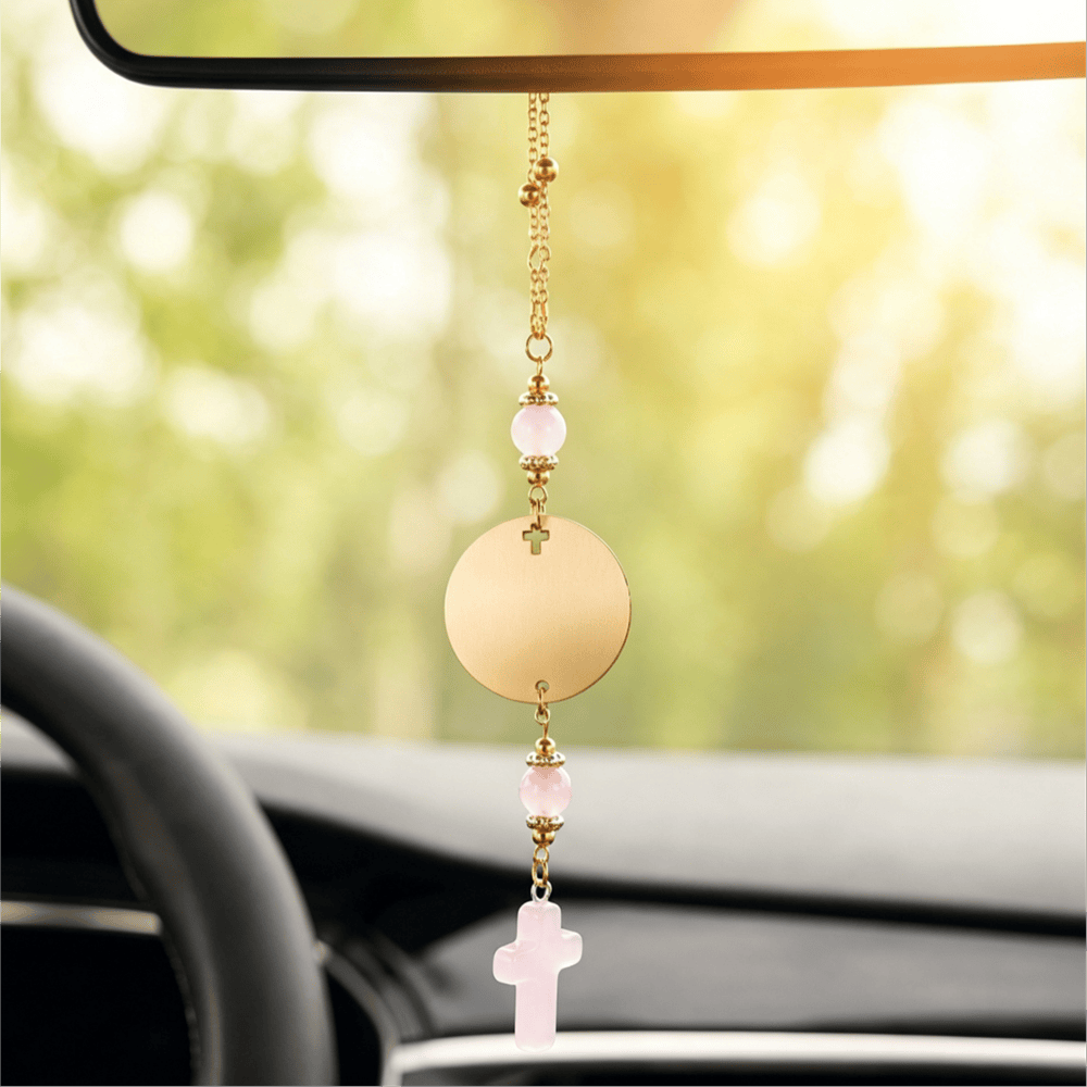 Christianartworkshop Disque en bois gravé Matthieu 28:20, croix en pierre, porte-bonheur pour voiture : un rappel de la protection divine miséricordieuse lors de chaque voyage - Quartz rose - image 6