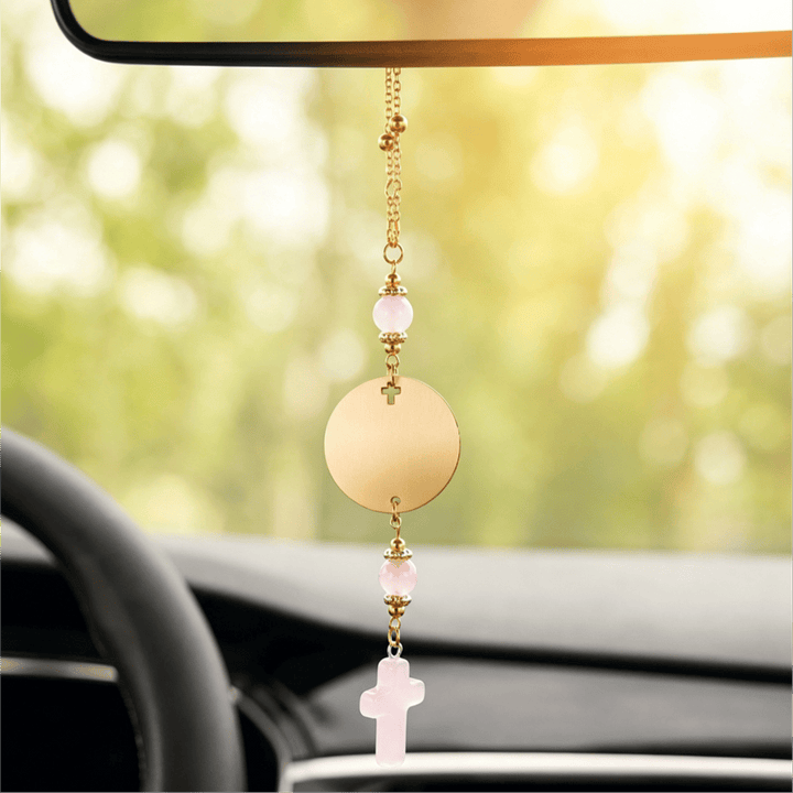 Christianartworkshop Disque en bois gravé Matthieu 28:20, croix en pierre, porte-bonheur pour voiture : un rappel de la protection divine miséricordieuse lors de chaque voyage - Quartz rose - image 6