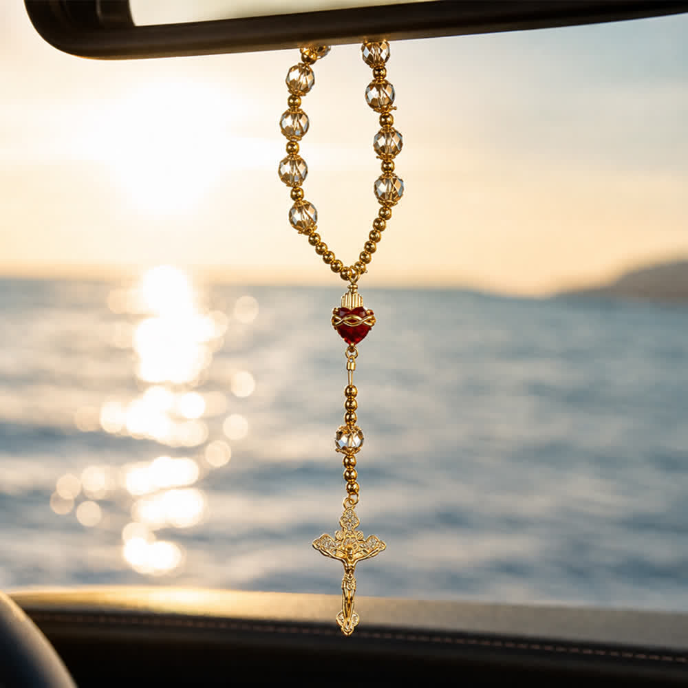 Chapelet de poche Christianartworkshop Luxe couleur champagne avec Sacré-Cœur et crucifix orné de pierres précieuses : un bijou à double usage pour la prière et à suspendre dans la voiture - image 2