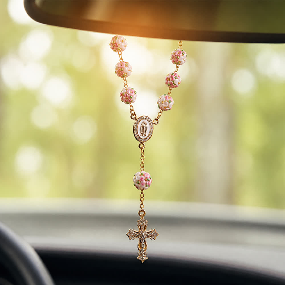 Christianartworkshop Chapelet de voiture en verre et verre orné d'une croix florale en or et de pierres précieuses : symbole de protection céleste en voyage - Chapelet à perles florales - image 0