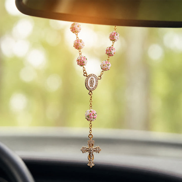Christianartworkshop Chapelet de voiture en verre et verre orné d'une croix florale en or et de pierres précieuses : symbole de protection céleste en voyage - Chapelet à perles florales - image 0