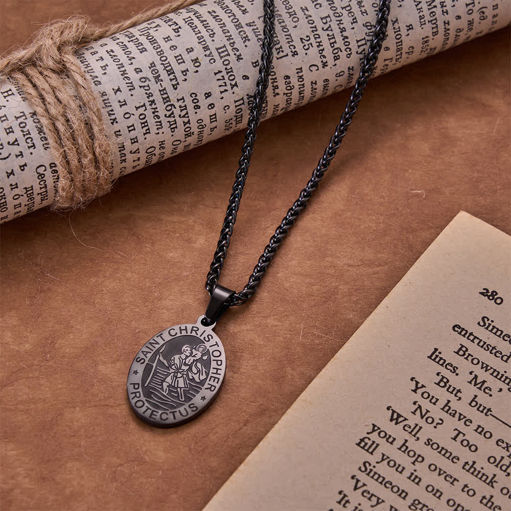 Christianartworkshop Collier avec médaille ovale gravée de Saint Christophe et chaîne en blé : emblème intemporel de la douce protection céleste - Noir - image 5