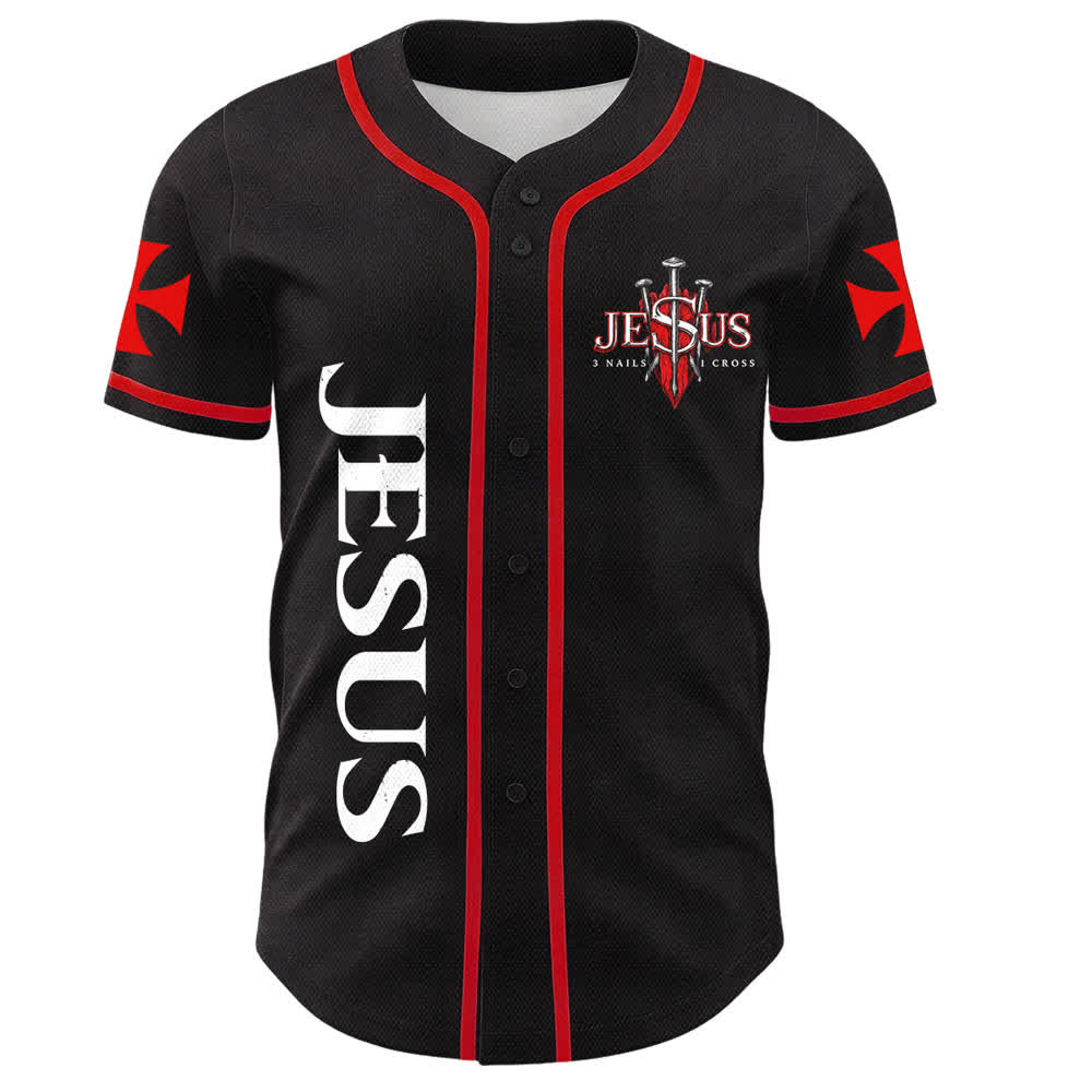 Christianartworkshop Maillot de baseball boutonné avec emblème vertical Jésus clou croix et éclair au dos, portrait du Lion de Juda et du Lion de Juda. - image 1